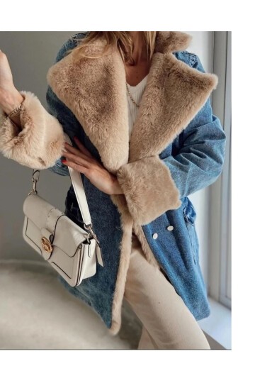 Uzun Kürklü Denim Mont
